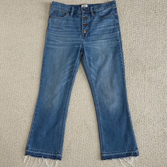 J Crew Billie Demi Boot Crop Jeans 29 Frayed Hem Button Fly Blue Redwood Wash - Picture 1 of 9